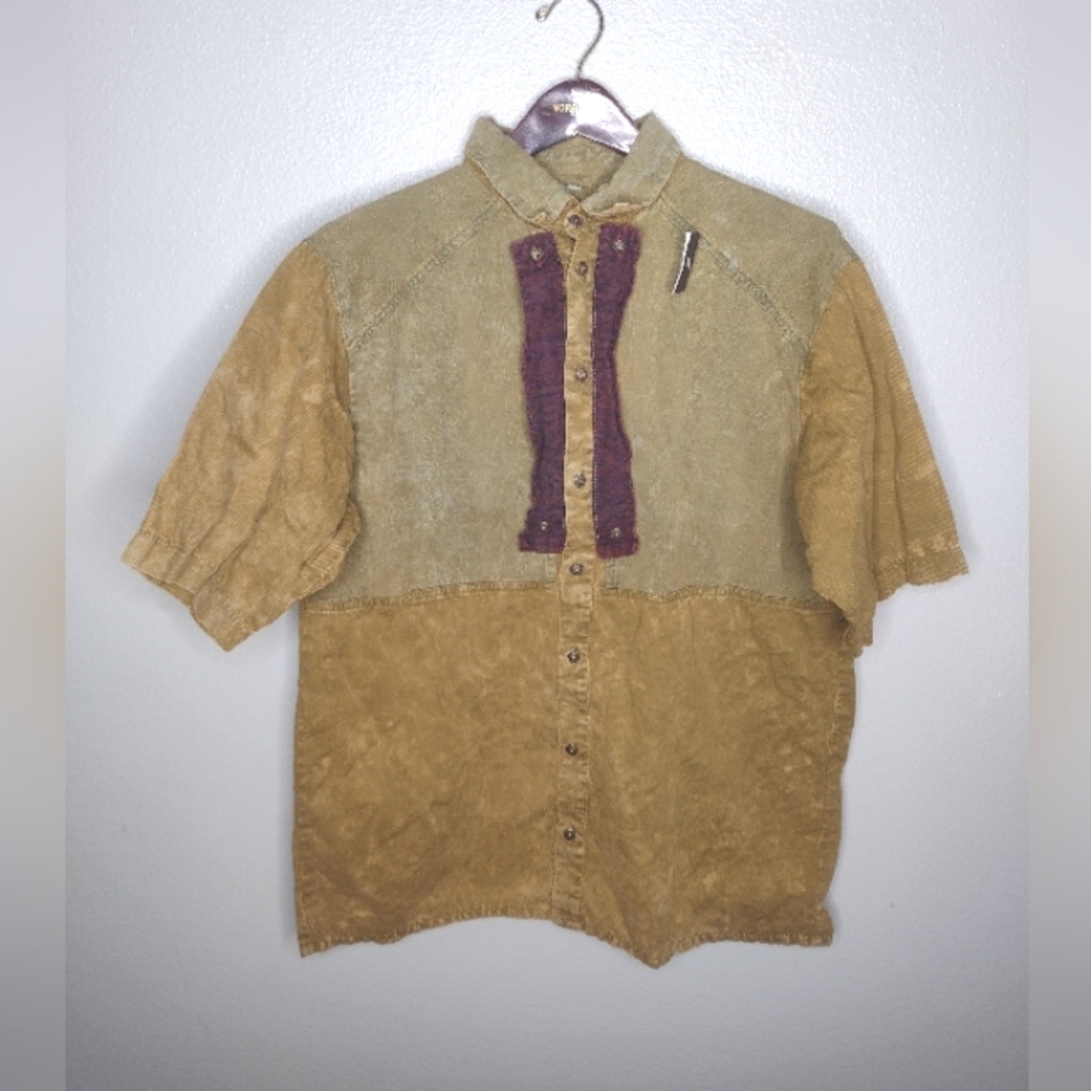 Yebo Women's Art To Wear Top Blouse Small Green Mixed Media Corduroy X